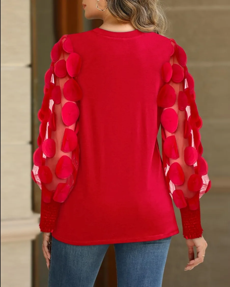 Bluse mit Rundhalsausschnitt und plissierter Vorderseite, 3D-Blumenmuster, langärmelig, mit gerafften Manschetten, elegant, für den Alltag, Partys, süß, lässig, Oberteil – Detail 8