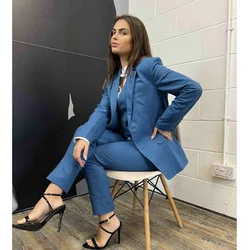 Luxury Fashion Blue Blue Women Suit Single Breasted Notch Lapel 3 Piece Jacket Pants Vest Blazer Set Office Female Clothing