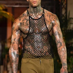 Yeni 2024 erkek yaz seksi Tank Tops See Through Hollow Out Mesh yelek gömlek erkek giyim moda parti kolsuz adam kaşkorse