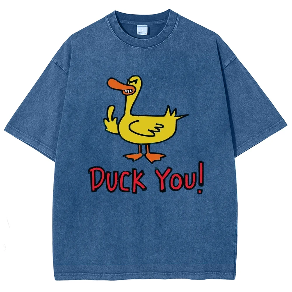 Vintage Washed Distressed T-shirt Duck You Funny Angry Duck Print Unisex Oversized Short Sleeve Tee Retro Street Casual Tops
