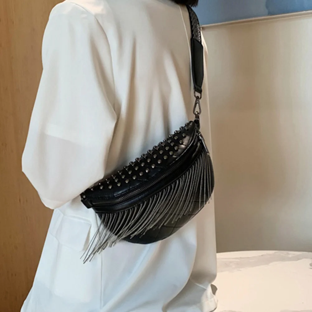 

Rivet Fanny Pack for Women Stylish Tassel Crossbody Bag Compact Phone Pouch with Multiple Card Slots Casual Chest Bag for Daily