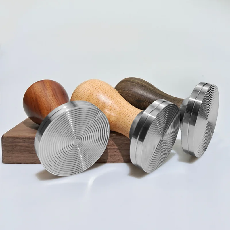 Coffee tamper 51/53/58.5mm wooden handle powder press 304 stainless steel threaded bottom solid powder press tamper