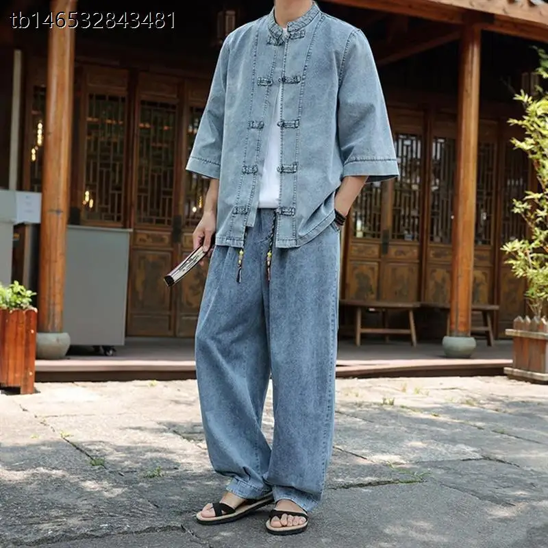 Summer Men's Stand Collar Tang Suit Washed Denim Set Wind Disk Button Thin Short Sleeve Denim Shirt Trendy Top Casual Pure Color