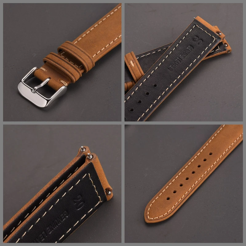 EACHE Genuine Leather Watch Band 20mm 22mm Light Brown Dark Brown Matte Retro Watch Strap With Quick Release Spring Bar