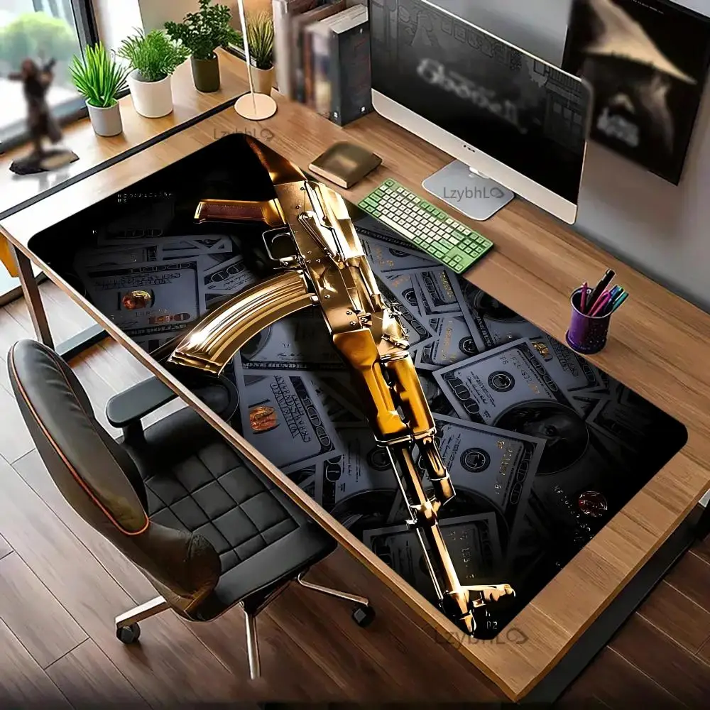 AK-47 بندقية الاعتداء وعلامة الدولار تصميم لوحة الماوس XXL اضافية كبيرة الحجم الكمبيوتر حصيرة مكتبية المطاط المضادة للانزلاق الألعاب لوحة المفاتيح حصيرة