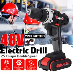 48V Cordless Drill Electric Screwdriver Hammer Drill 25-28Nm Torque Power Screw Driver Power Tools with 1/2Pcs Li-ion Battery