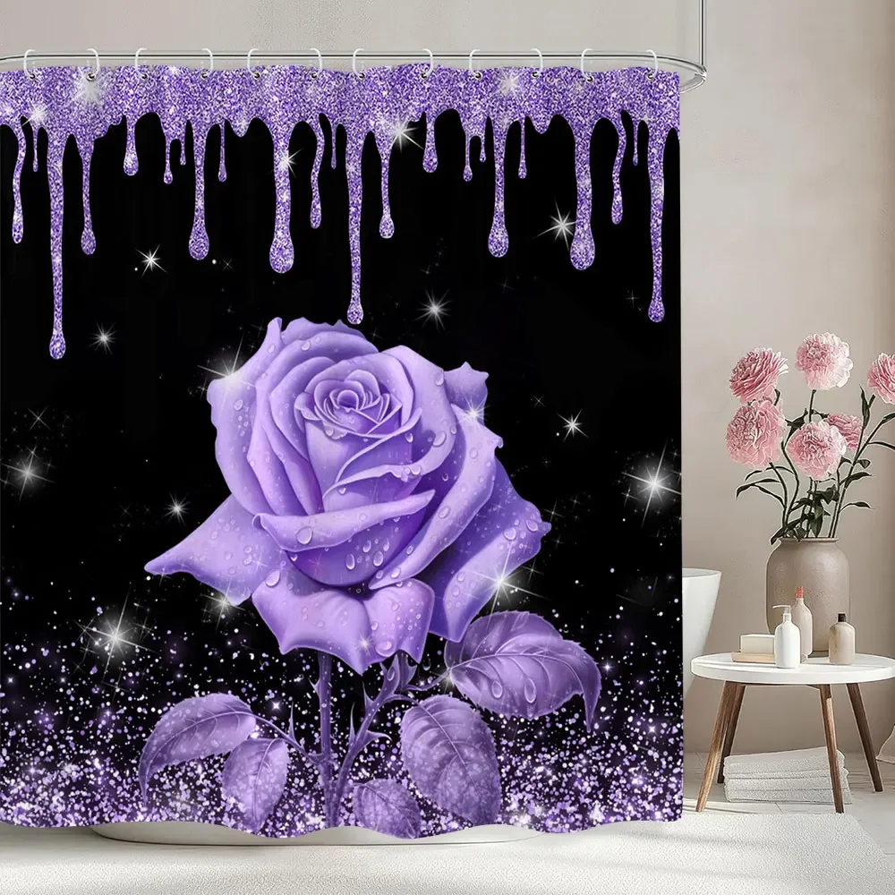 Pink Rose Shower Curtain Flower Pink Glitter Glitter Bathroom Curtains For Kids Girls and Adults Room Decor Fabric Bath Curtains