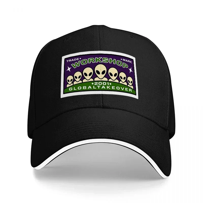 WORKSHOP ALIEN GLOBAL TAKEOVER 2001 BASEBALL CAP WITH VINTAGE PATCH DESIGN BLACK AND WHITE TRIM STYLE