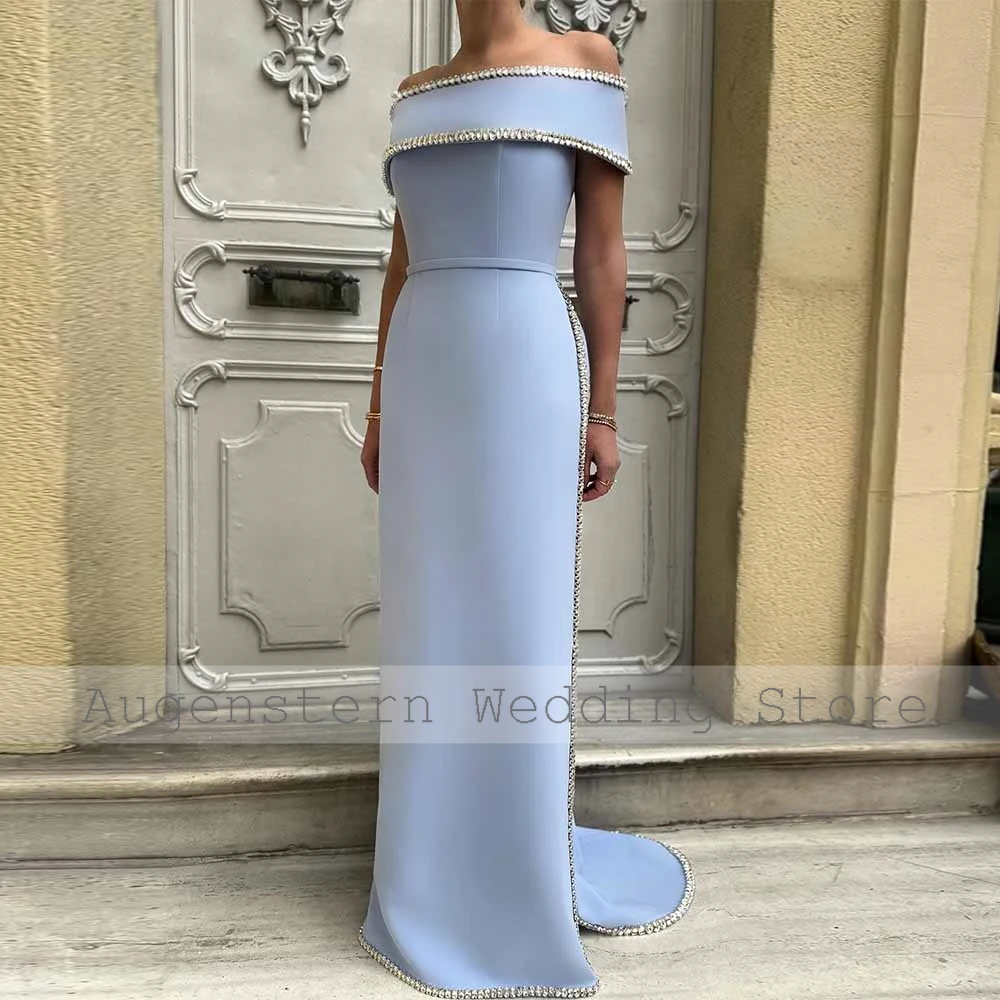 2026 Wedding Dresses Women Crepe Fabric Sheath Wedding Party Dress Sky Blue Off-the-shoulder Crystals Taili Wedding Guest Dress