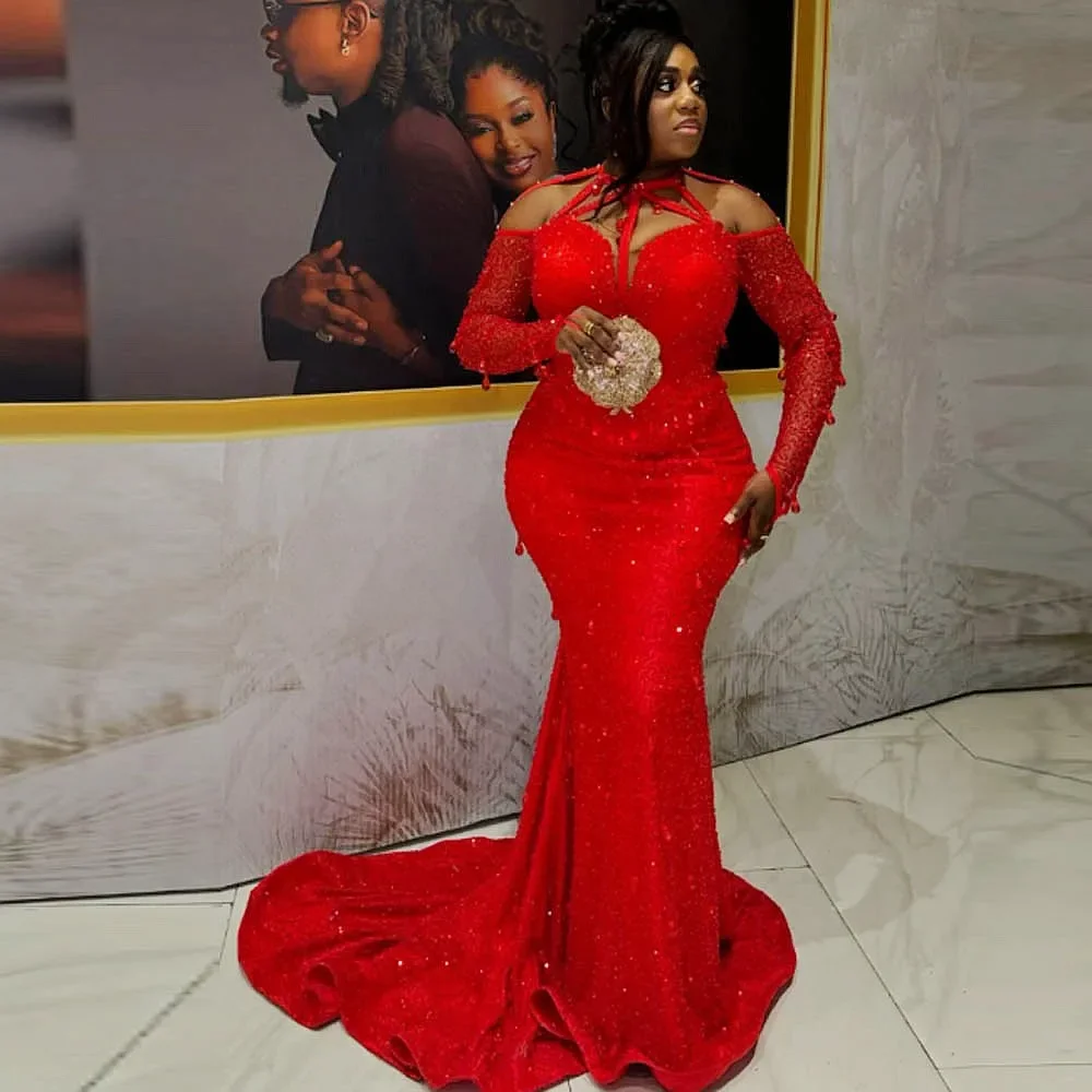 

Красный с кристаллами и бусинами с полым вырезом и длинными рукавами, платье русалки для выпускного вечера, потрясающие платья для свадебного приема, рождественское вечернее платье