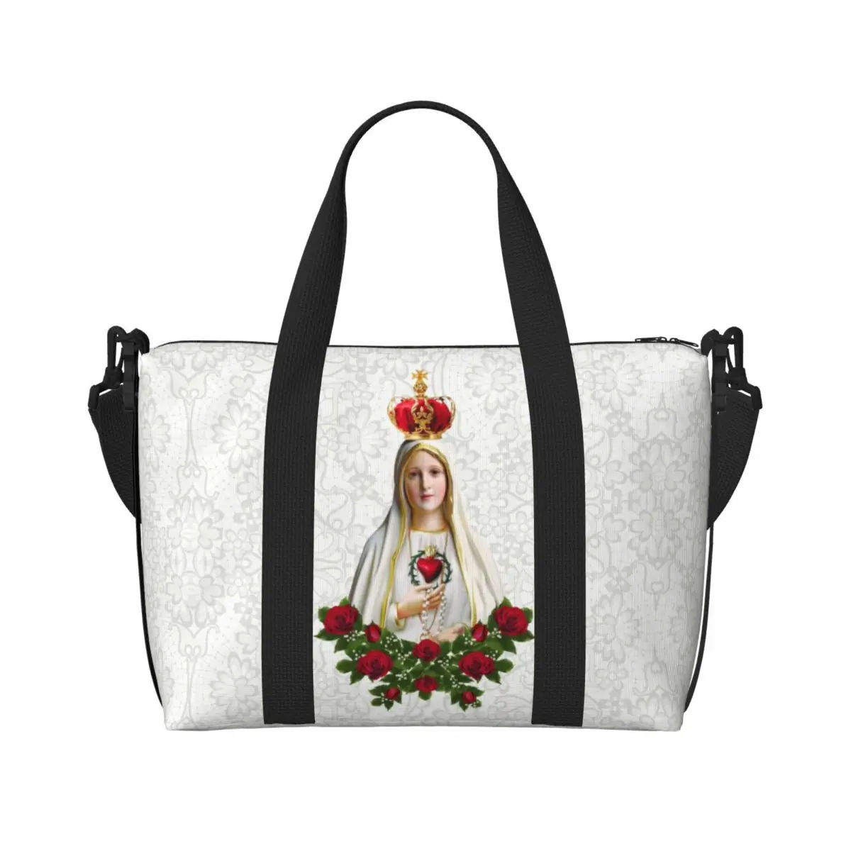 Custom Our Lady Of Fatima Virgin Mary Beach Tote Bag for Women Portugal Rosary Catholic Large Compartment Beach Gym Travel Bags