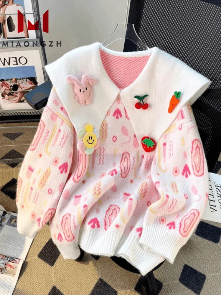 

Knitted Warm Sweater Women's Peter Pan Collar Print Long Sleeve Patchwork Loose Autumn Winter Fashion Cute Clothes Pullover New