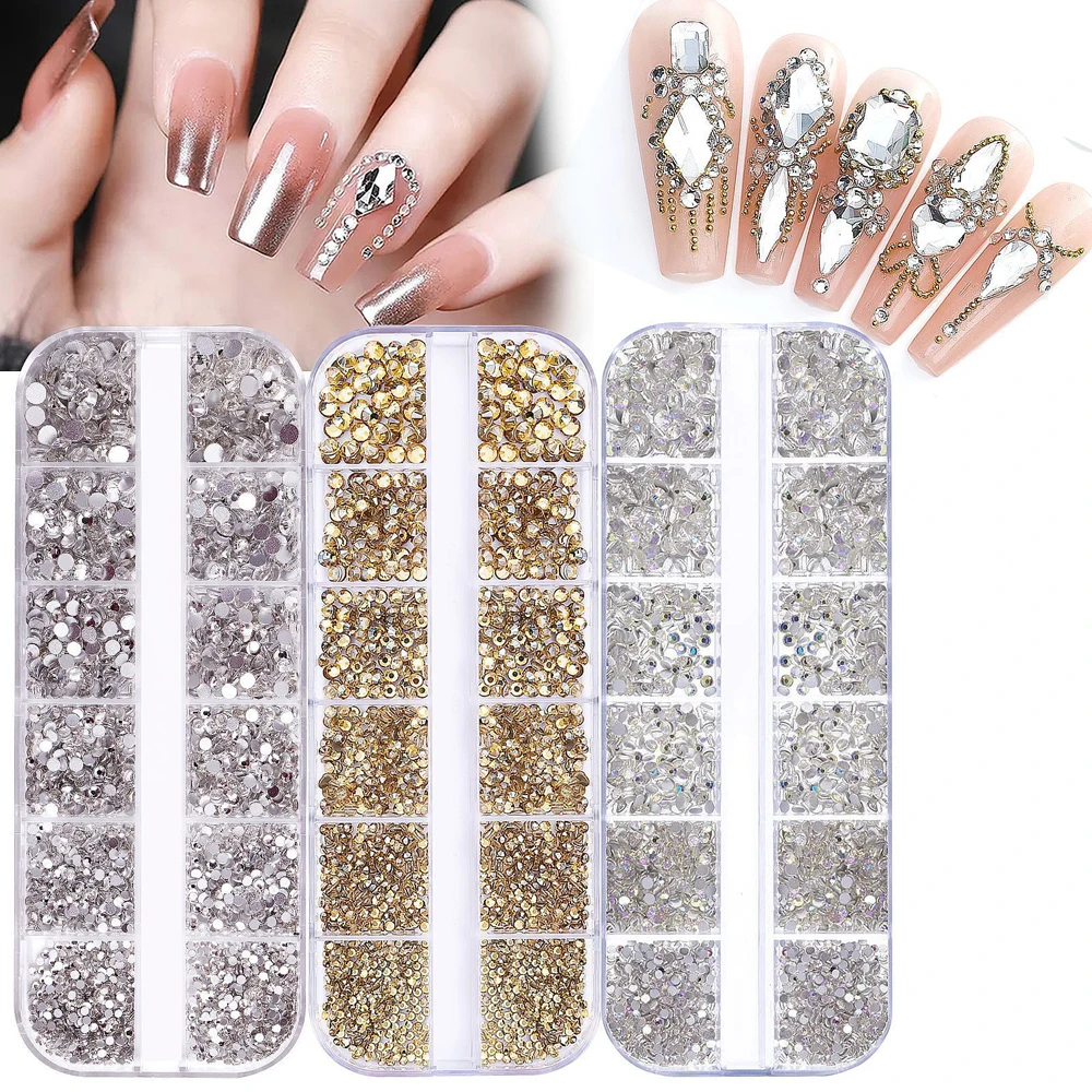 750Pcs Multi-size AB Crystal Nail Rhinestones Flat Bottom Crystal Clear Diamond Gems Nail Art Decorations DIY With Tweezers Pen