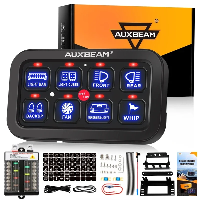 Auxbeam 8 Gangs on-off Control Switch Panel kit Blue Backlight Slim Electronic Relay System for SUV UTV Boat （without App ）