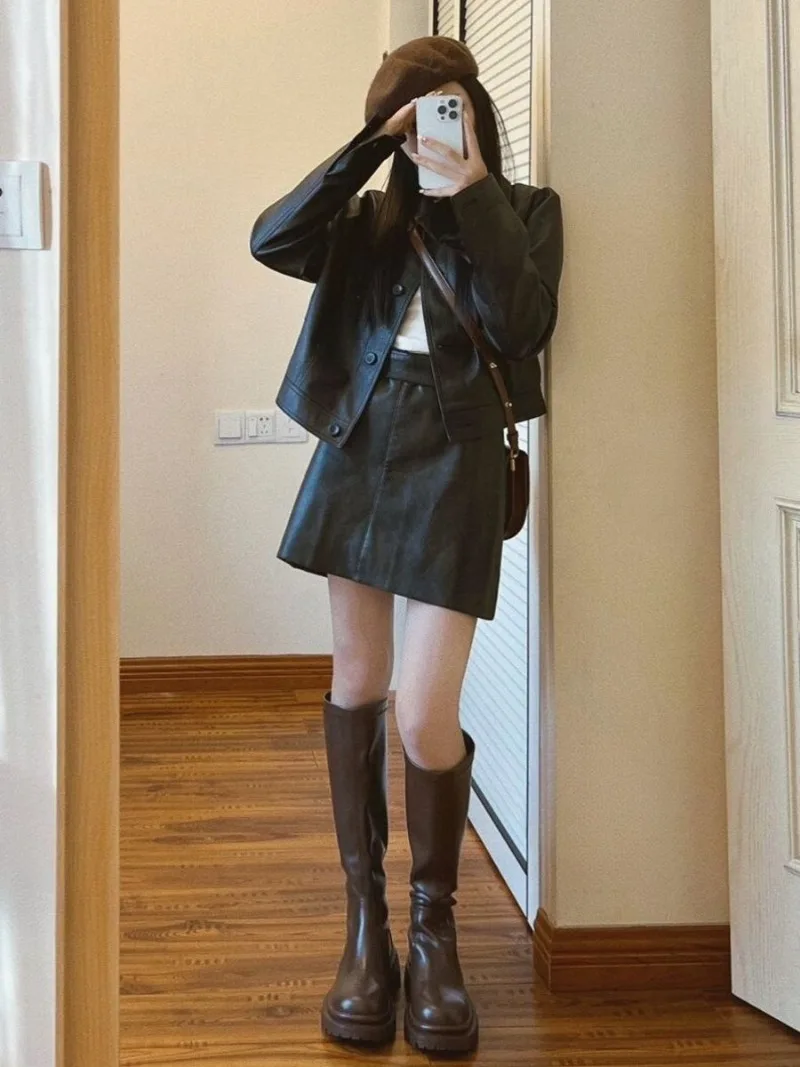 Temperament Fashion Leather Coat A-line Skirt Two Piece Set Women Spicy Motorcycle Cool Lapel Solid Slim Spring Versatile Suit