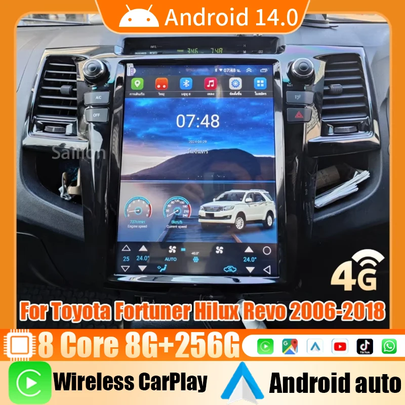 Android14 Car Radio For Toyota Fortuner Hilux Revo 2006-2018 Tesla Automotive Multimedia Carplay Auto WIFI Bluetooth Stereo 1Din