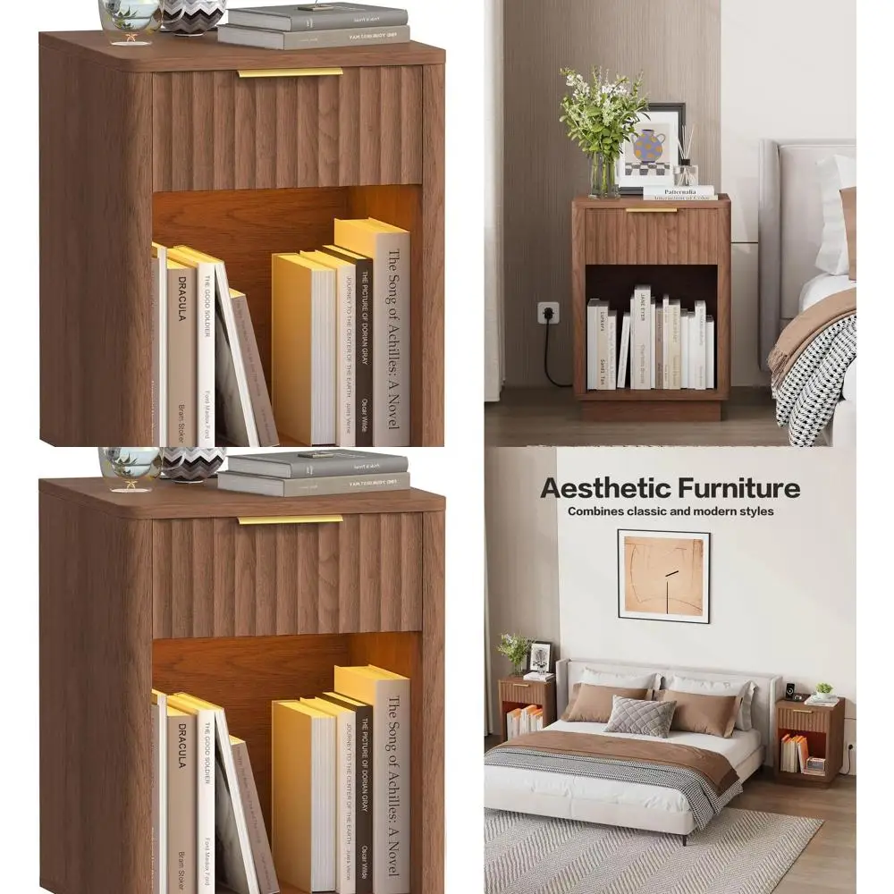 

Современная тумбочка из орехового дерева середины века со светодиодной подсветкой и зарядной станцией, 15x15,7x22,6