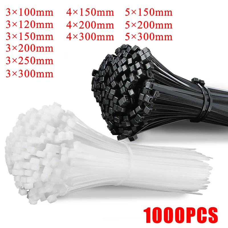 

1000PCS/Bag Self-locking Plastic Nylon Tie White Black Zip Wraps Strap Nylon Cable Tie Set Fastening Ring Loop Wire Wrap