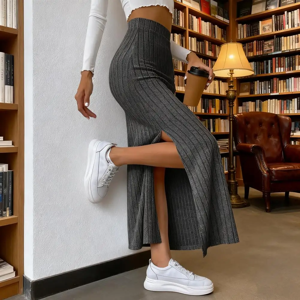 

High-waisted Maxi Skirt Elegant Ribbed Maxi Skirt with Side Slits High-waisted Solid Color Long Skirt for Autumn Winter Stylish