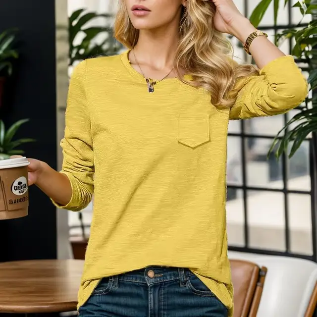 2023 Nowa jesienna koszulka z dekoltem 30% bawełny Modna koszulka damska z długim rękawem T-shirt damski Luźne koszule damskie w europejskim stylu
