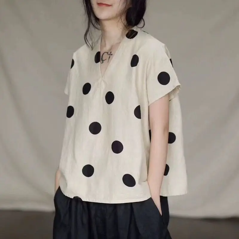 

Новый летний свободный топ из хлопка и льна в горошек с принтом ort Sve V-Ne, женская футболка для поездок на работу, круглый, стандартного кроя