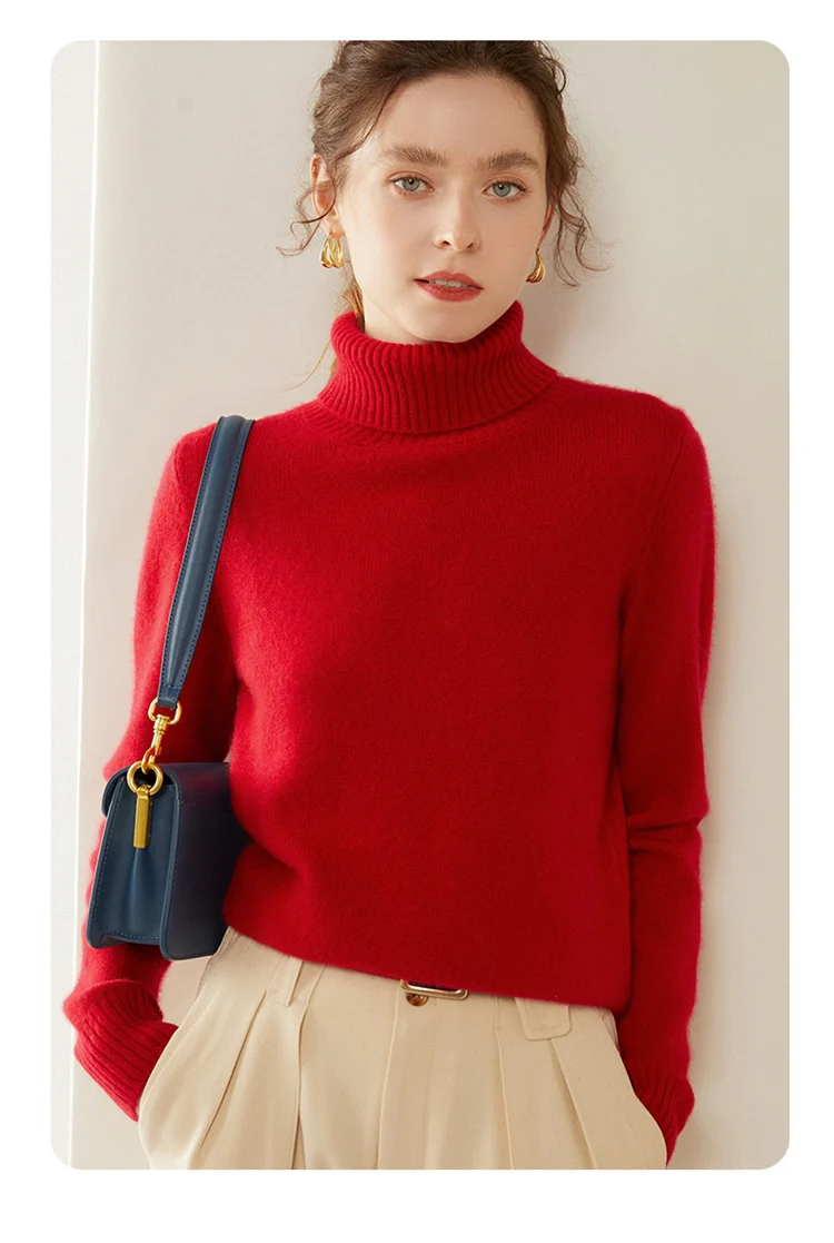 Women's Big Red High-Necked Cashmere Sweater 100% Pure Double-Stranded Thick Pullover Bottoming Animal Year Design