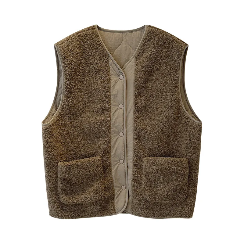 Lamb Wool Vest Woman Winter 2023 New V-neck Sleeveless Double-sided Wear Waistcoat Loose Casual Solid Single Breasted Gilet