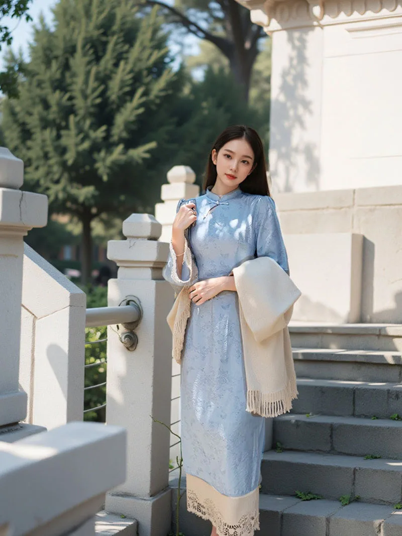 150Kg Plus Size Women's Bust 153 Spring Autumn Loose New Chinese Style Cheongsam Buttoned Jacquard Dress Blue 6XL 7XL 8XL 9XL
