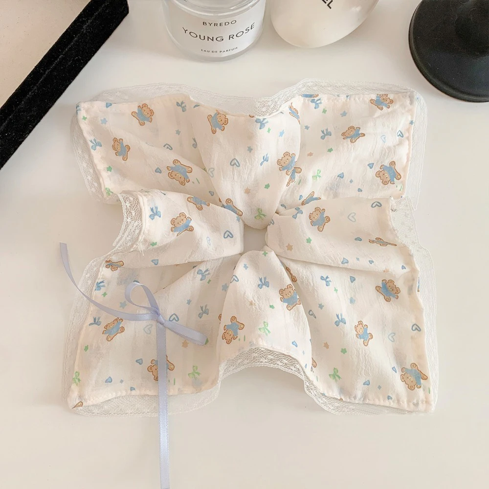 Cute Cartoon Bear Print Square Lace Scrunchies Heart Bow Star Pattern Elastic Hair Ties Bow Sweet Lolita Hair Bands Ponytail
