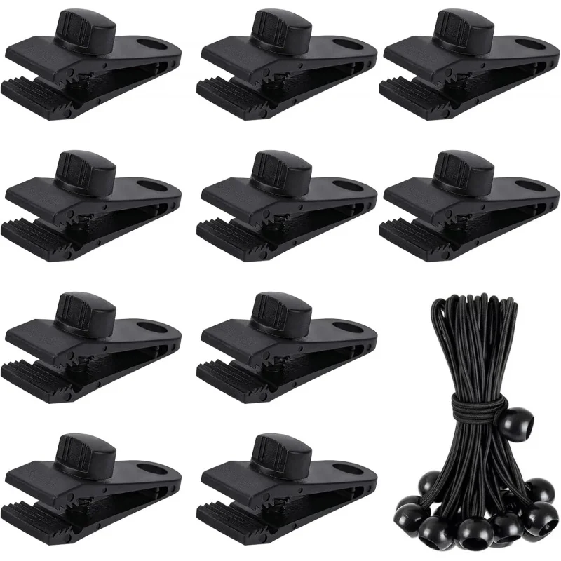 Clips para lona, abrazaderas de agarre de bloqueo de alta resistencia, 10 Uds., abrazadera para toldo de piscina, tienda de campaña con tornillo de pulgar con 10 cordones de bola elástica, sombra