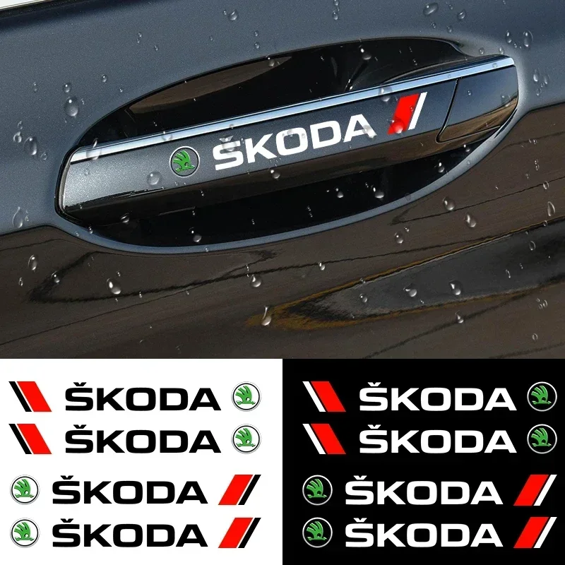 4PCS Car Styling Door Handle Decoration Stickers Decals For Skoda Octavia Rapid Fabia Superb Kodiaq Scala Karoq Kamiq VRS Yeti