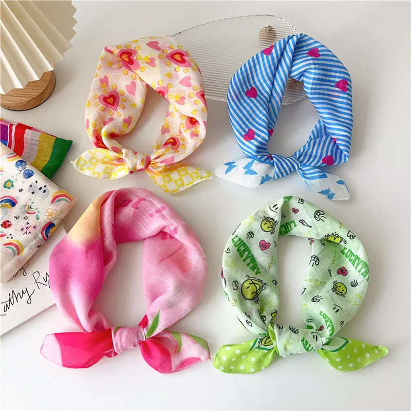 55cm Square Scarves Cotton Linen Bright Coloured Scarf Flower Fashion Women Decoration Kerchief Neckerchief Bandanas Headband