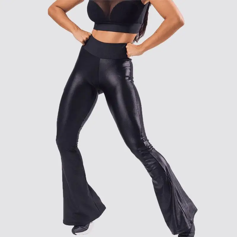 

Широкие расклешенные брюки с высокой талией, эластичные брюки Briti Sle из искусственной кожи, повседневные брюки из полиэфирного волокна