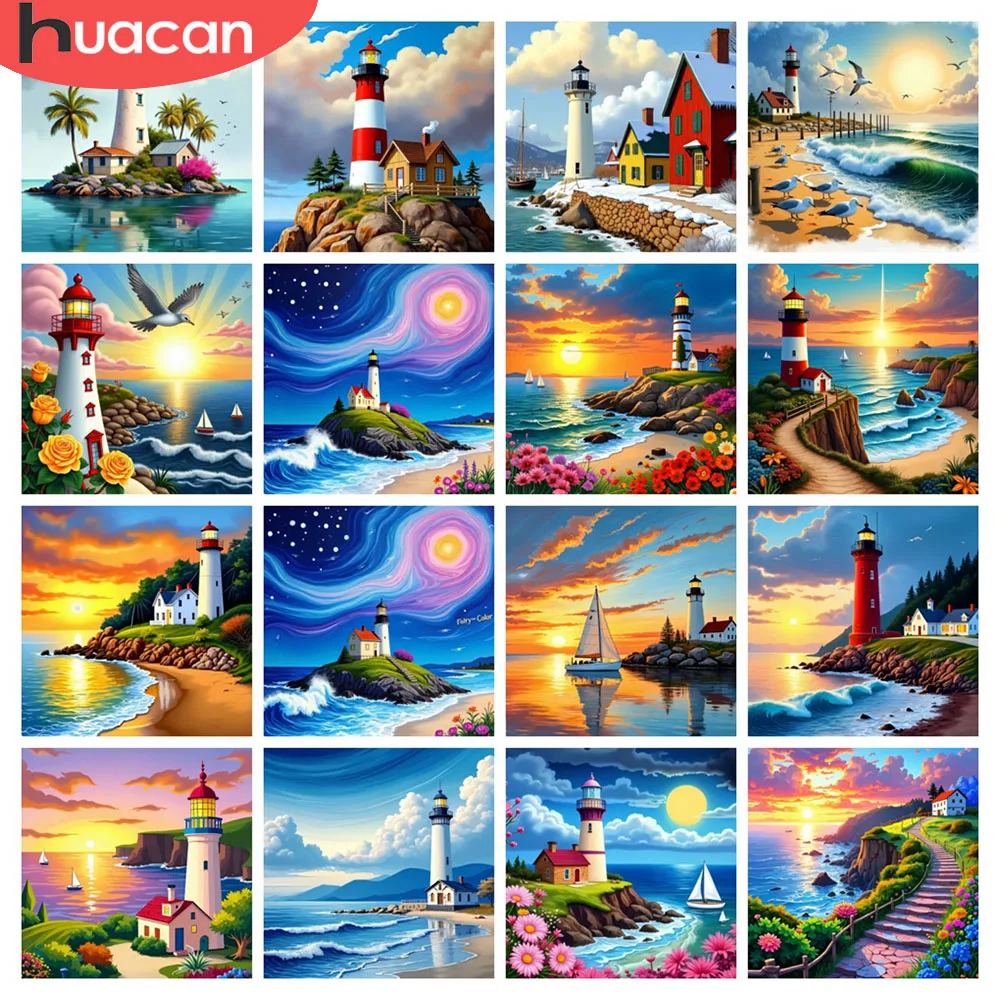 HUACAN Diy Diamant Malerei Leuchtturm Landschaft Kreuz Stich Voll Platz Runde Bohrer Diamant Mosaik Meer Sonnenuntergang Kreuz Stich