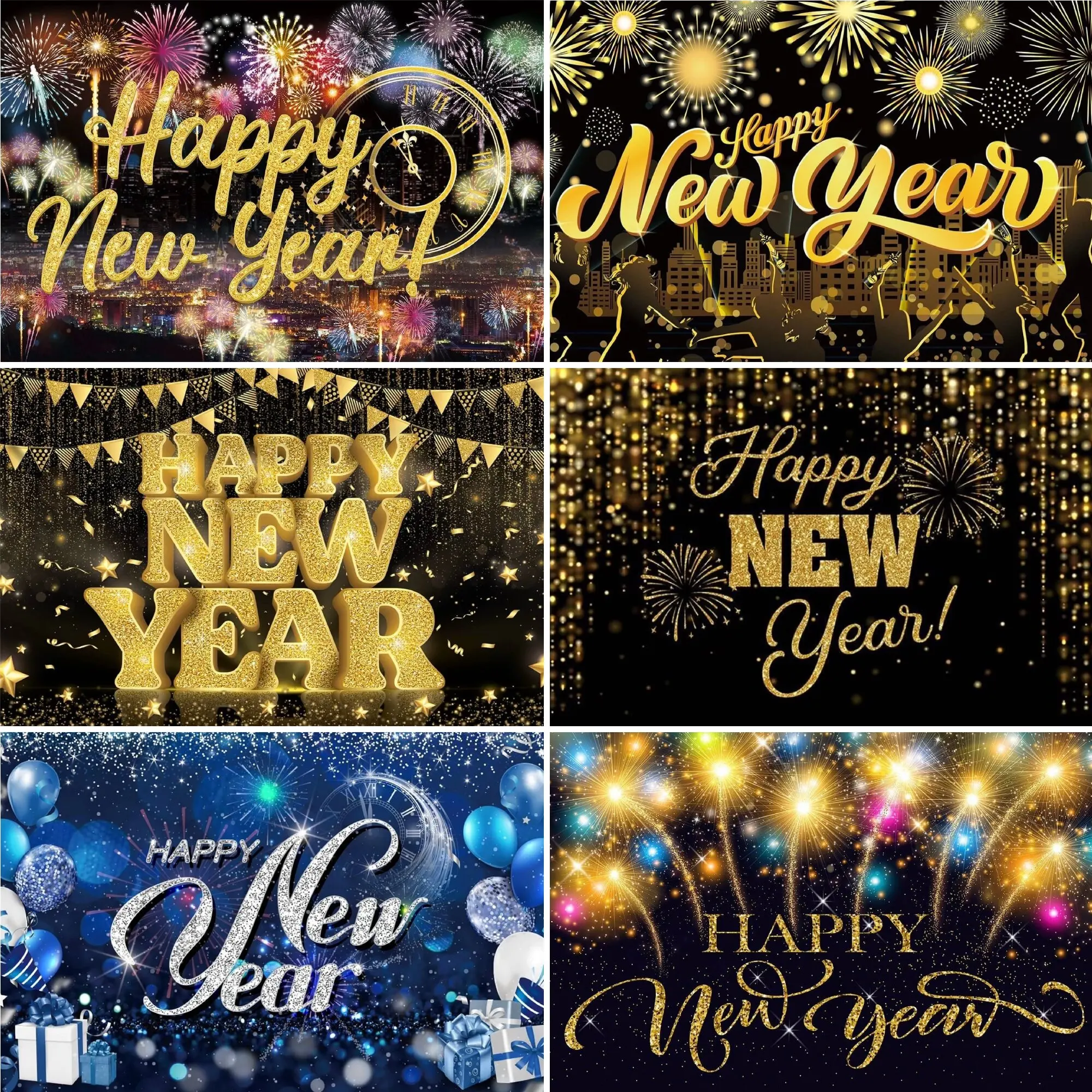 

Happy New Year Theme New Year's Eve Party Carnival Background Decoration Fireworks Golden Balloon Family Party Banner Decoration