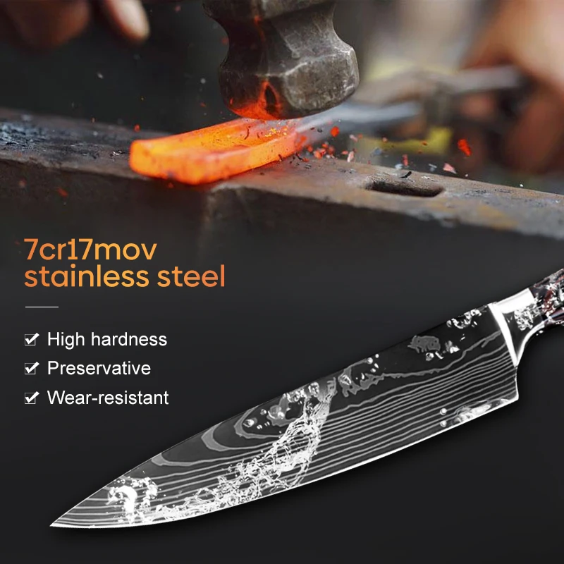 1-10PCS Kitchen Knives Set Laser Damascus Pattern Sharp Japanese Chef Knife Santoku Knife Cleaver Slicing Utility Knife