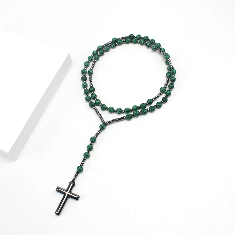 8mm Green Round Beads Cross Pendant Necklace for Men and Women N047