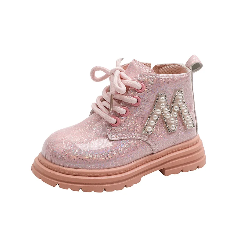 Inverno autunno bambini stivaletti ragazze Bling Bling stivali in pelle ragazzi lettera decorazione stivali bambino caldo cotone scarpe