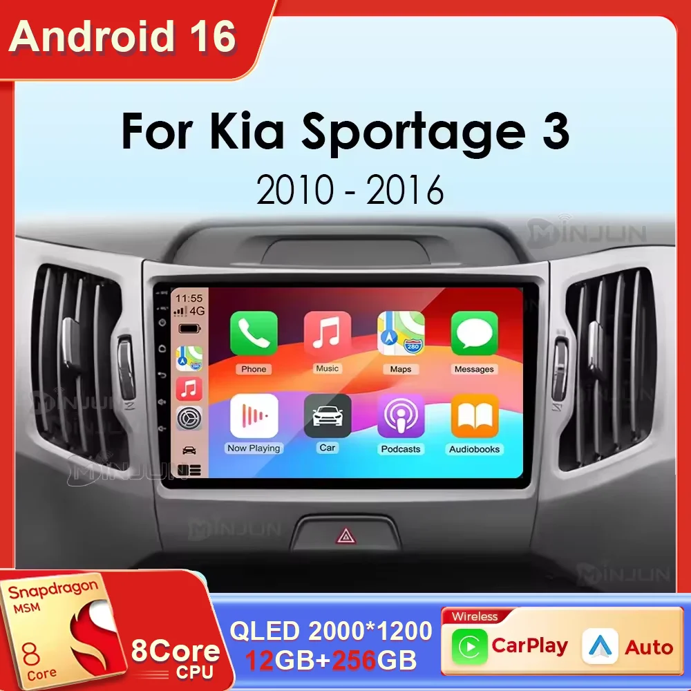 Radio para Auto Android 16 Qualcomm para KIA Sportage 3 Sportage R 2010-2016, Reproductor Multimedia Inalámbrico con Android Auto y Carplay, Estéreo para Auto