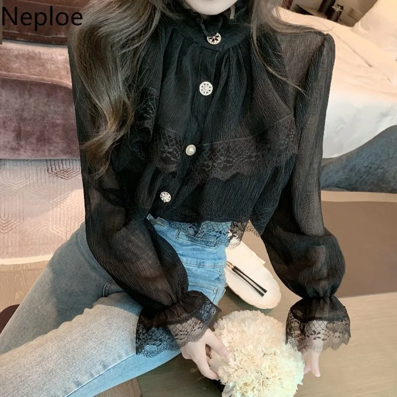 Fashion Korean White Blouse Women Blusas Stand Neck Chiffon Shirts Long Sleeve Ruffles Lace Blouses Vintage Elegant Femme Tops