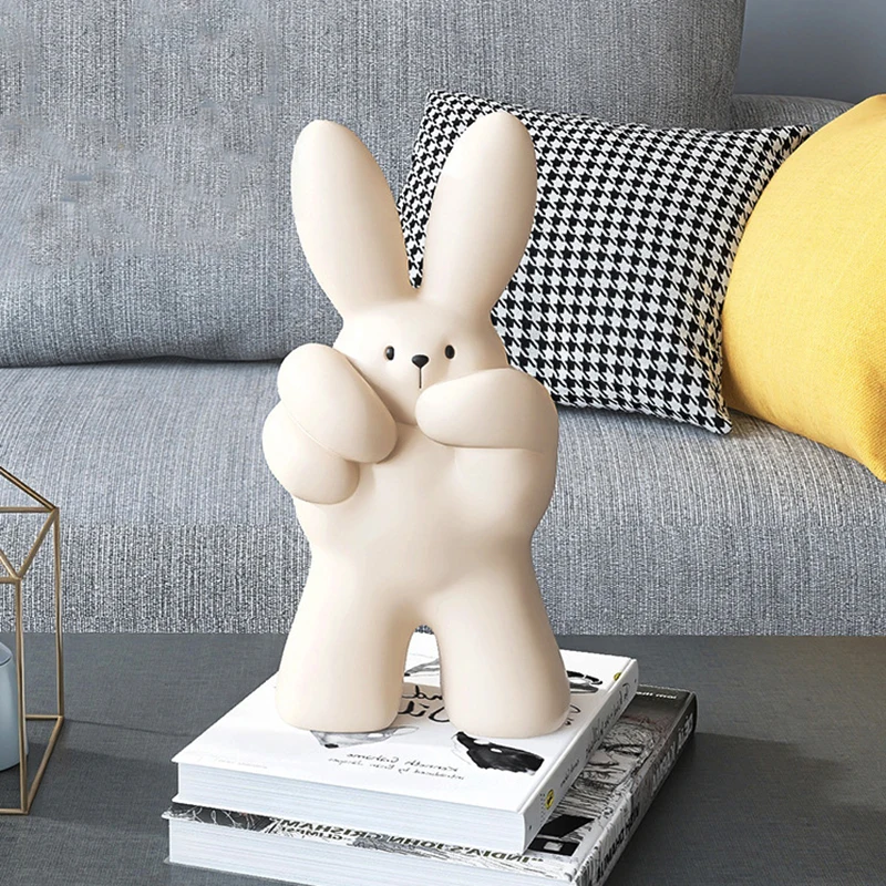 Home Decor Gesture Rabbit Statue Livingroom Decoration Figurine Modern Office Desk Cartoon Sculpture Nordic Porch Art Craft Gift