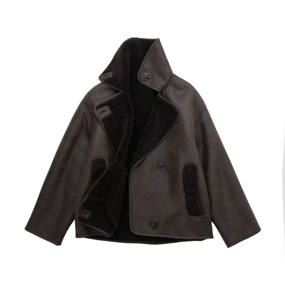 PULABO 2024 High Quality Winter Women Vintage Long Sleeve Warm Faux Fleece Jacket Coat Female Casual Solid Pocket Outwear Tops