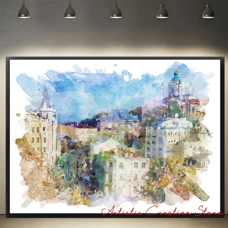 Watercolor Landscapes of The Capitals of The World Kyiv City Ukraine London New York City Paris Rome Canvas Painting Home Decor