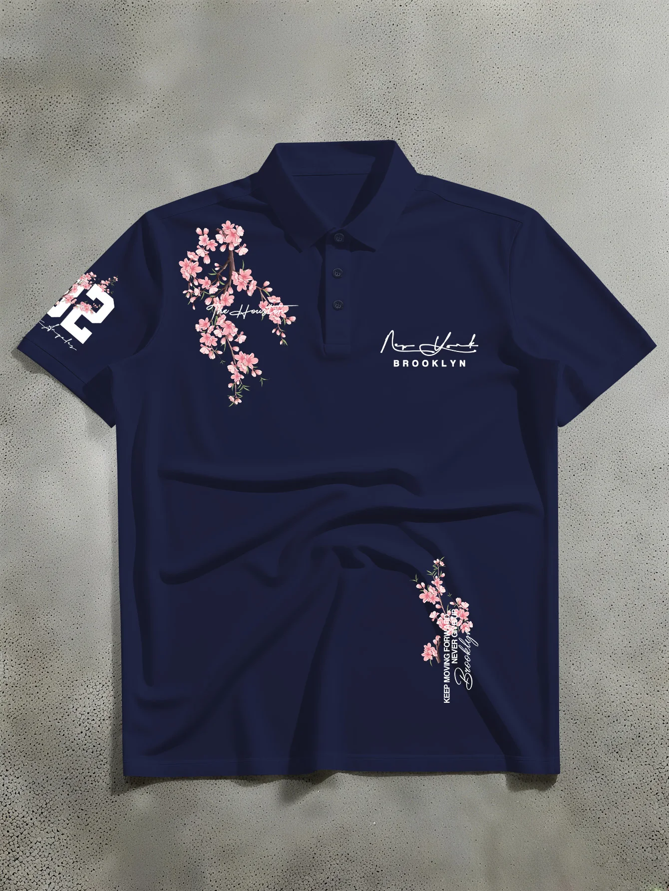 Herren-Poloshirt mit Umlegekragen, leichter Business-Stil, modische Kirschblüten-Zierung, trendiges Schriftzug-Design – Detail 3