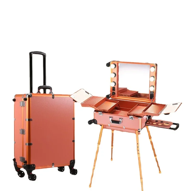 Valise à cosmétiques Trolley de grande capacité, bagage à roulettes professionnel, boîte à outils de maquillage, miroir lumineux LED, beauté des ongles, valise de tatouage