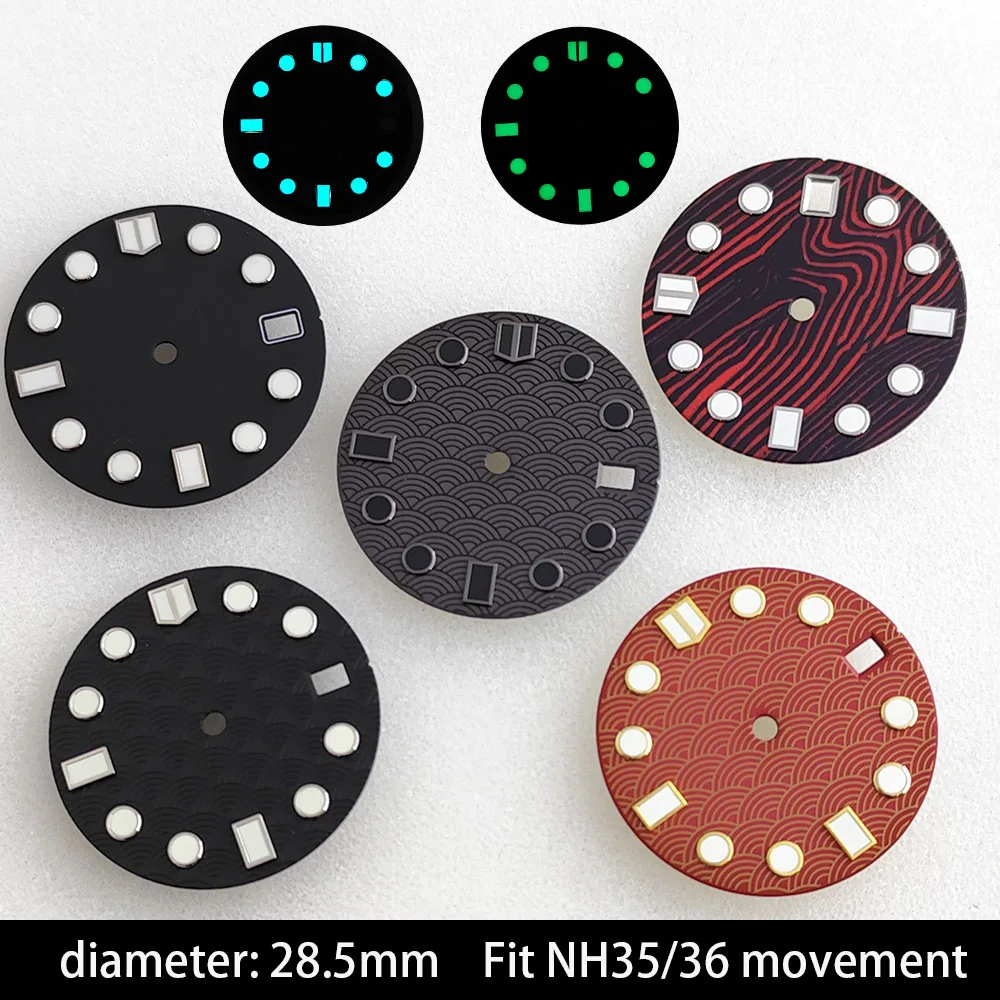 28.5MM Single Calendar Watch Black/Red Dial Green Luminous Dial for NH35/NH36 Movement Accessories Watch Parts For Wristwatches