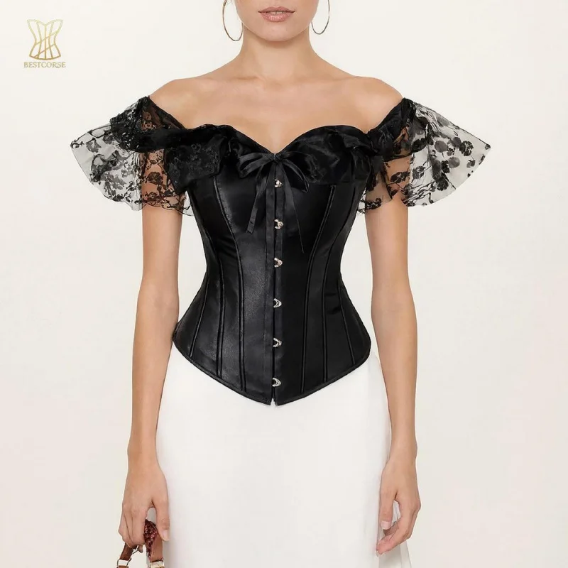 

Black Satin lace corset top Plus Size Pink White korset Bustier with short sleeved off-the-shoulder straps Tummy control
