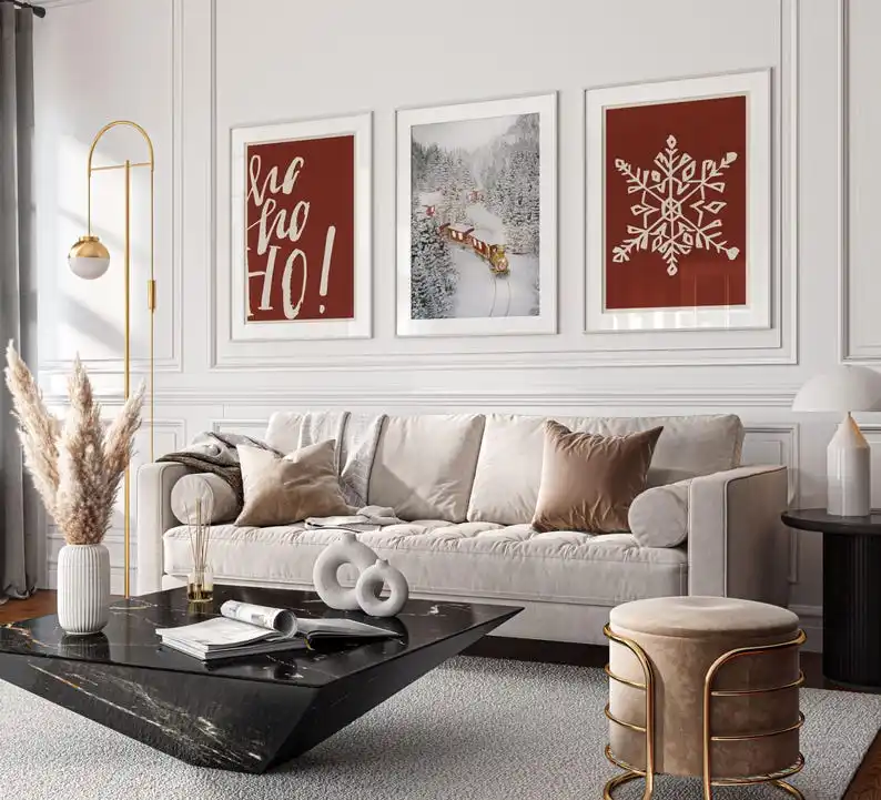 3pcs/set Red Background Christmas Train Canvas Print Ho Ho Ho Quote Snowflake Winter Wall Art Poster for Living Room Home Decor