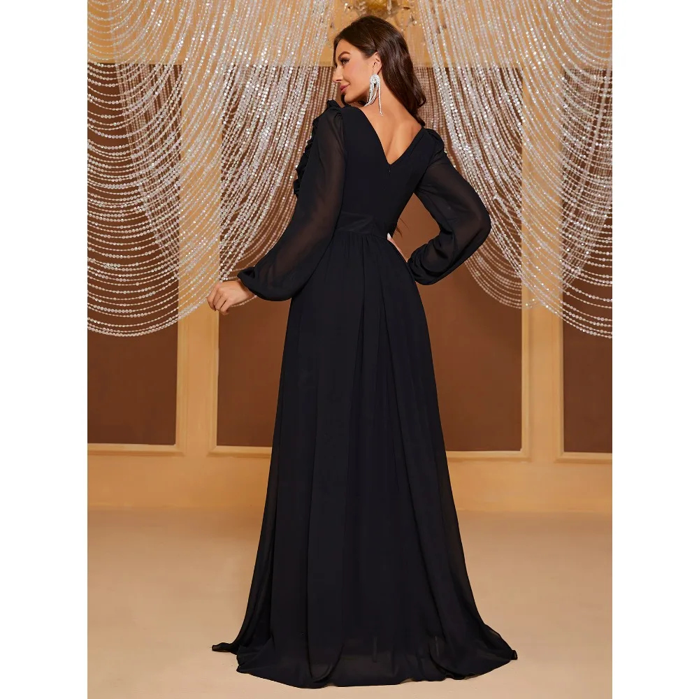 Black Dresses Women Long Sleeve Deep V Neck Sexy Formal Puffy Sleeves Chiffon Backless Ruffle Elegant Ladies Evening Prom