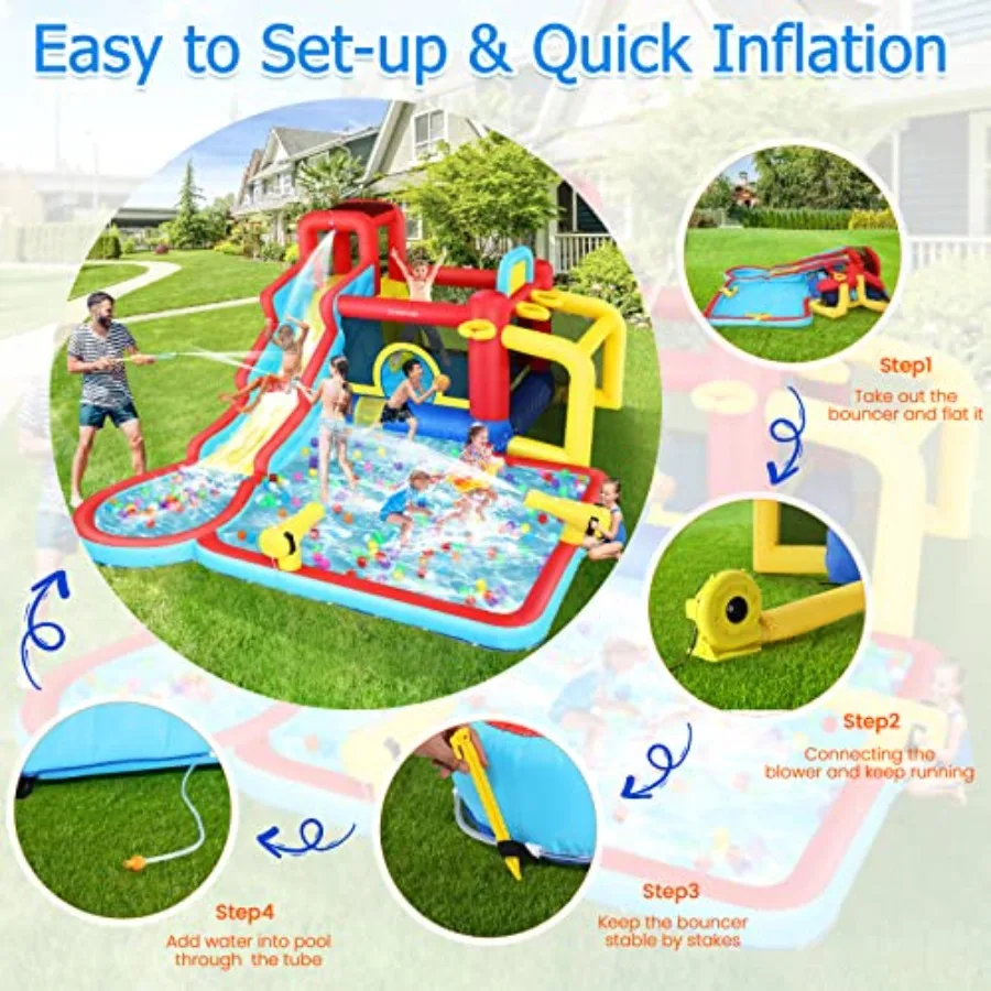 Water Slide Bounce House, Inflatable Water Slide Park with Blower, Family Backyard Jumping Castle Pool Bouncy House, Premium Qu